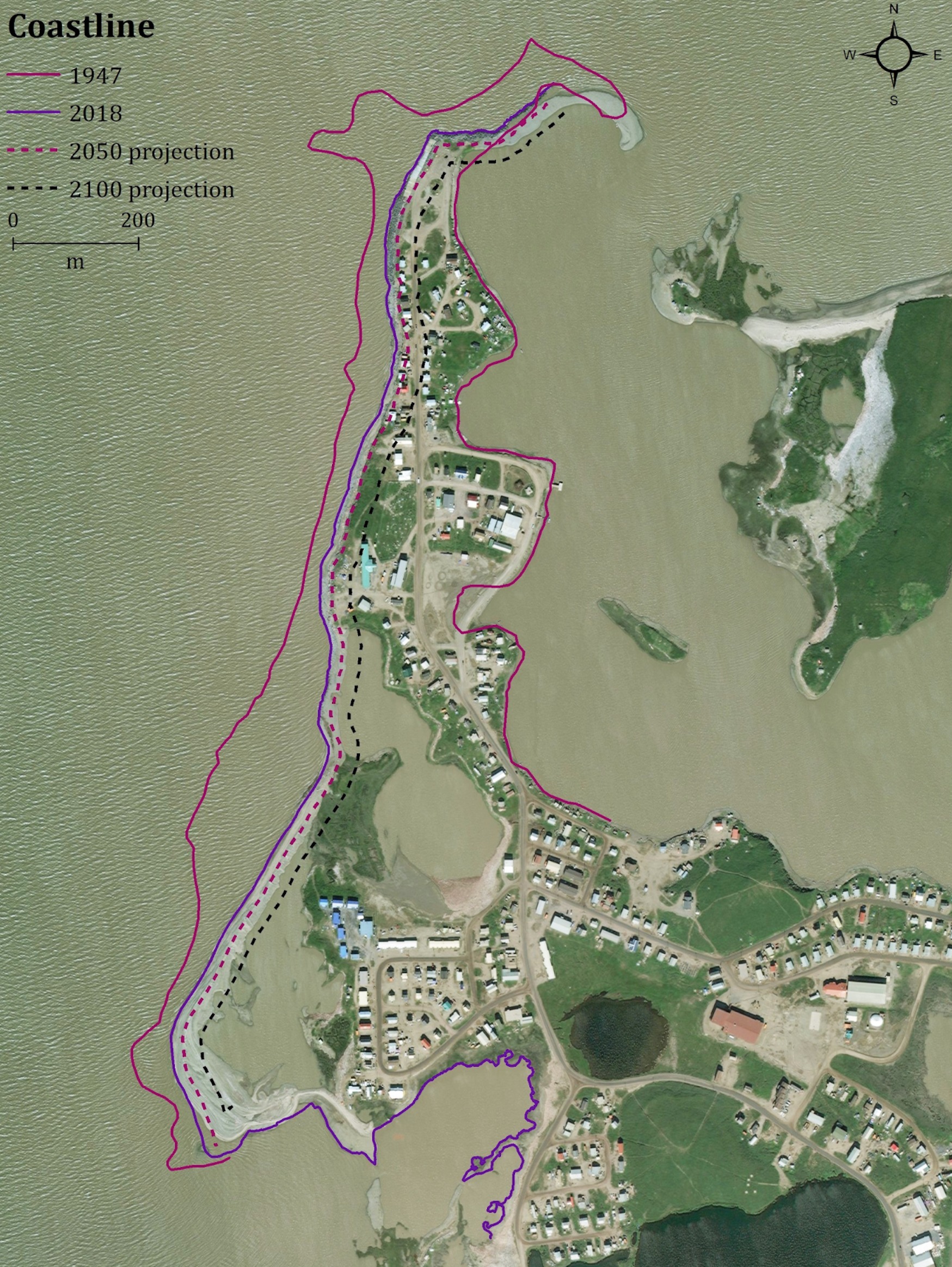 Erosion projection map of Tuktoyaktuk to 2100, courtesy of Natural Resources Canada.