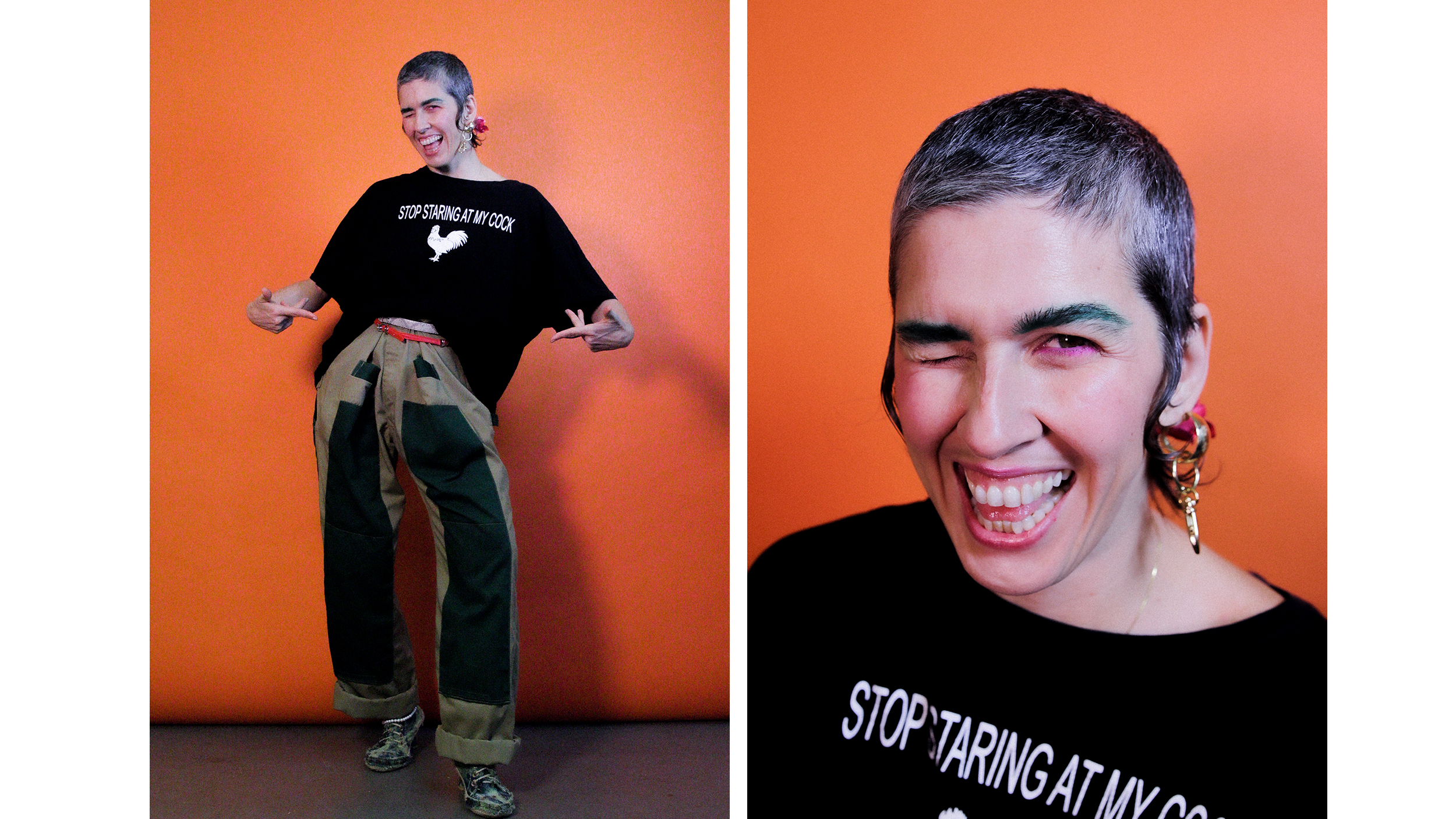 Eine Person in einem schwarzen T-Short vor einer orangefarbenen Wand