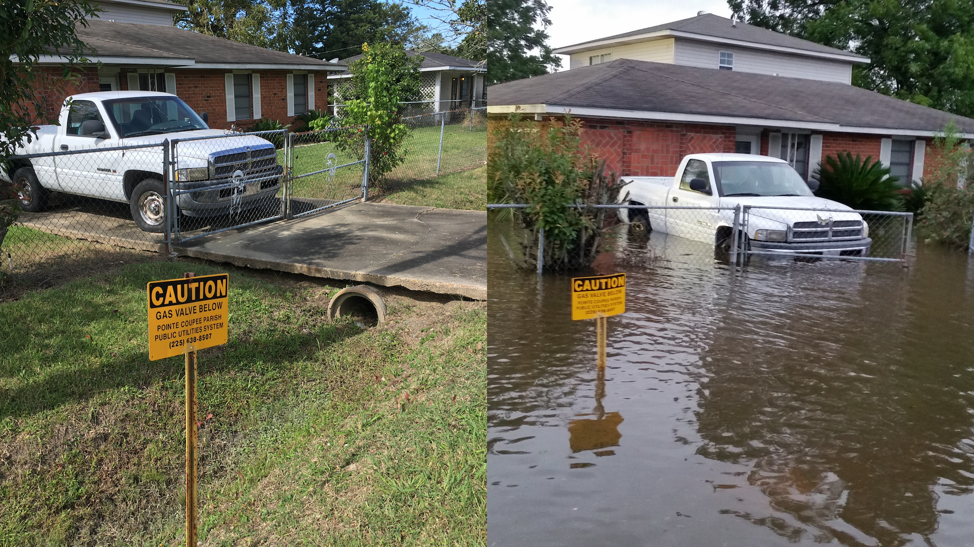 Pecan Acres today and during the August 2016 flood.
