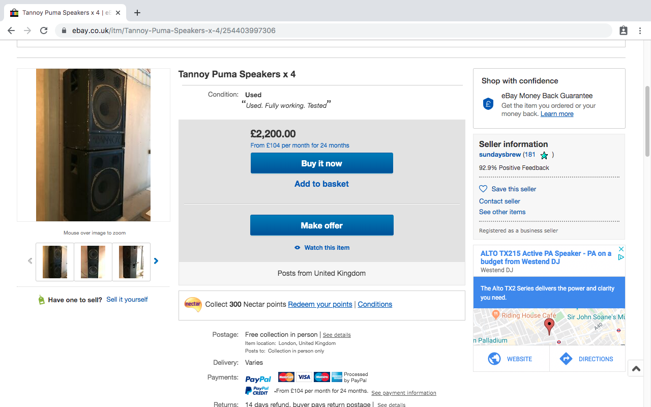 Sundays Brew eBay listing for speakers