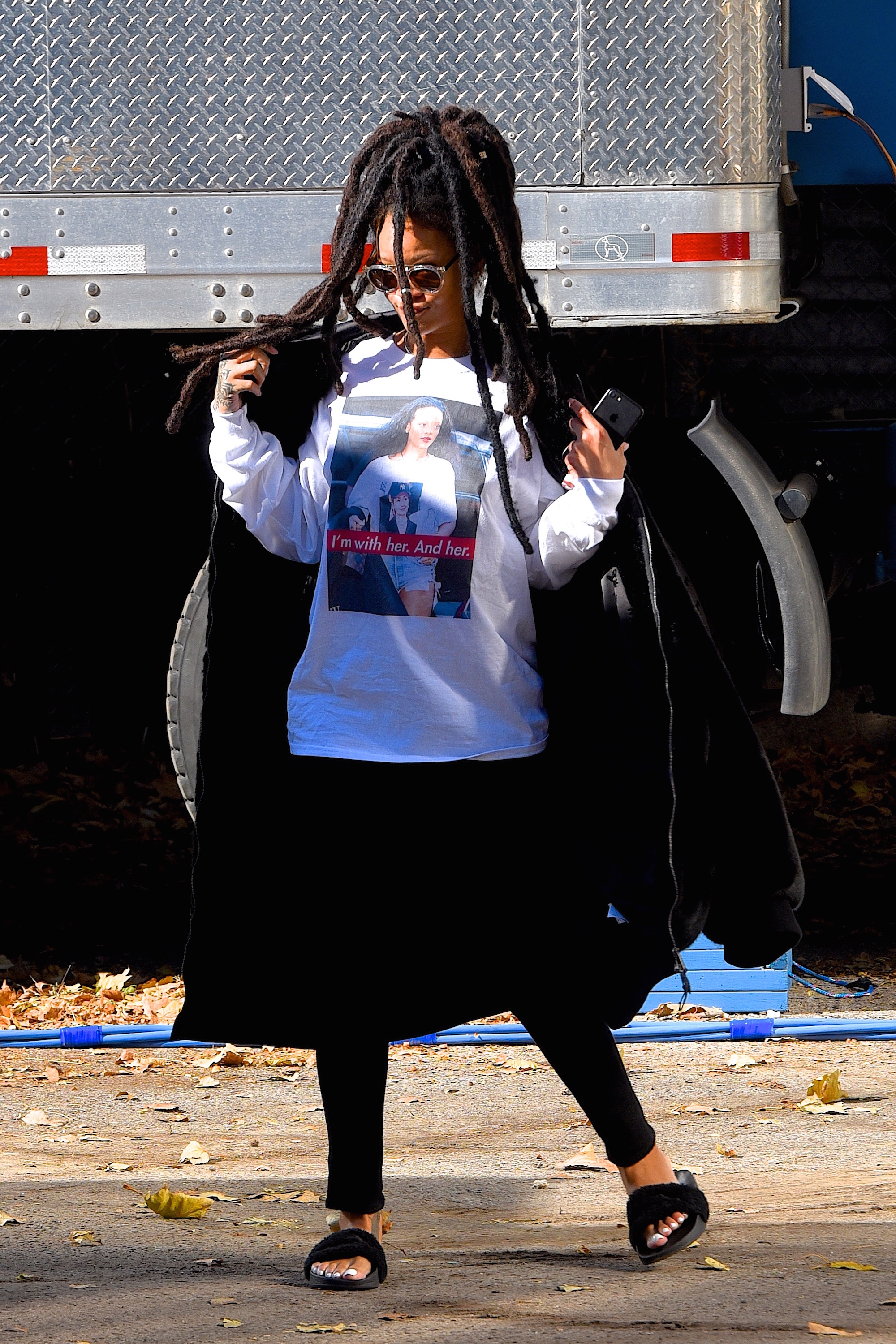 Rihanna on the set of Ocean's Eight wearing Hillary Clinton Sweater 2016