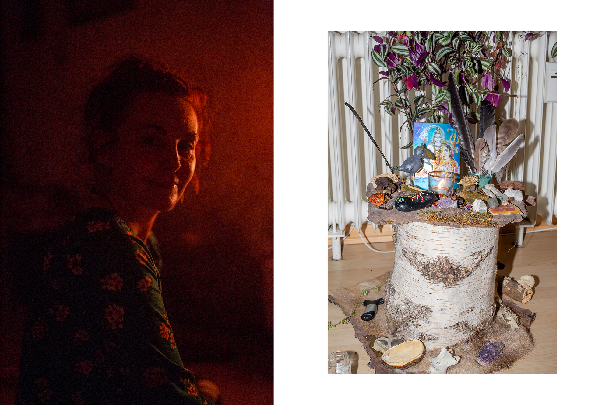 Psychonautin Nicole (links) und ihr Altar (rechts) mit Räucherstäbchen, Federn, Kristallen und einer Postkarte der Gottheit Shiva