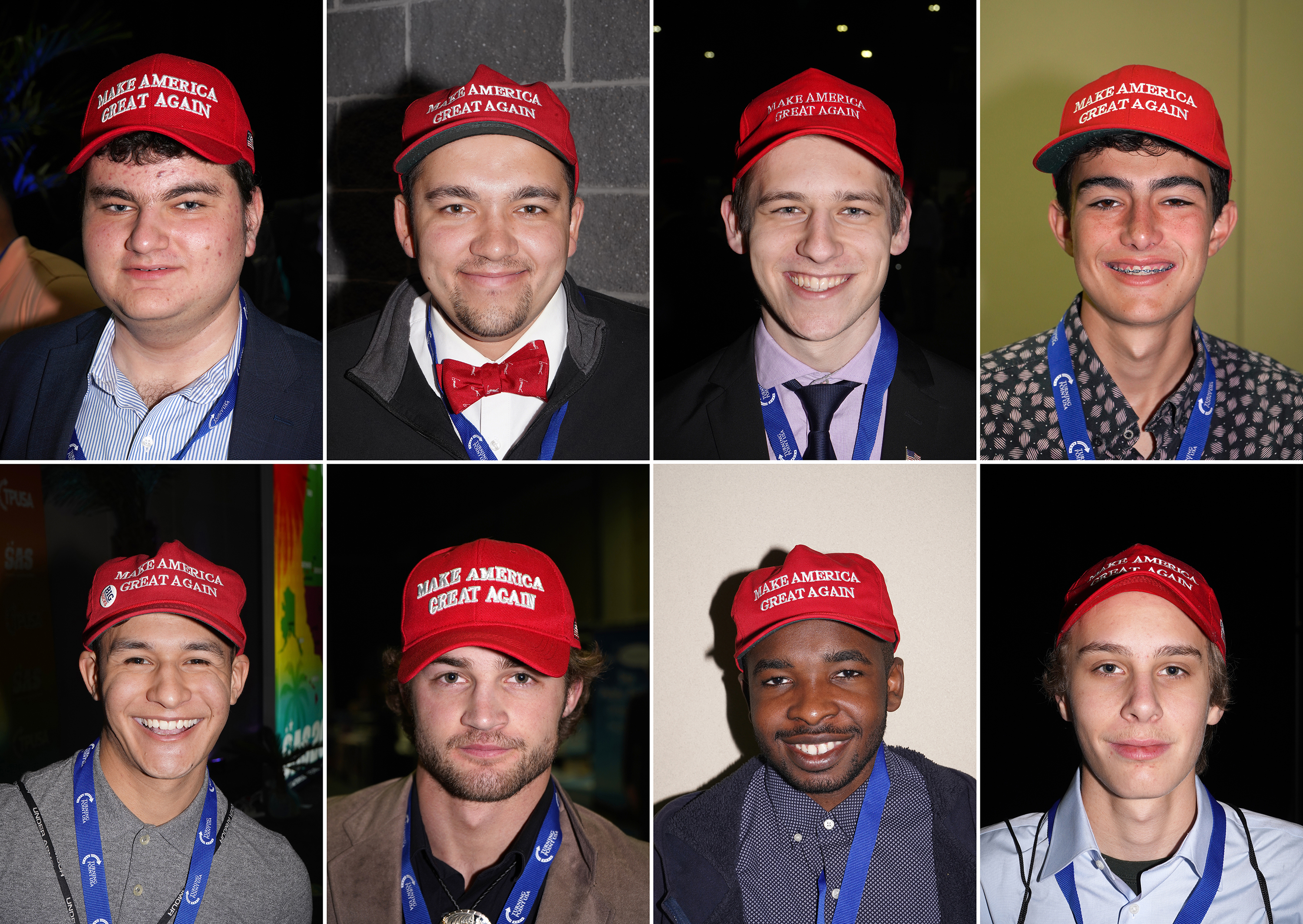 A grid of young people wearing MAGA hats.