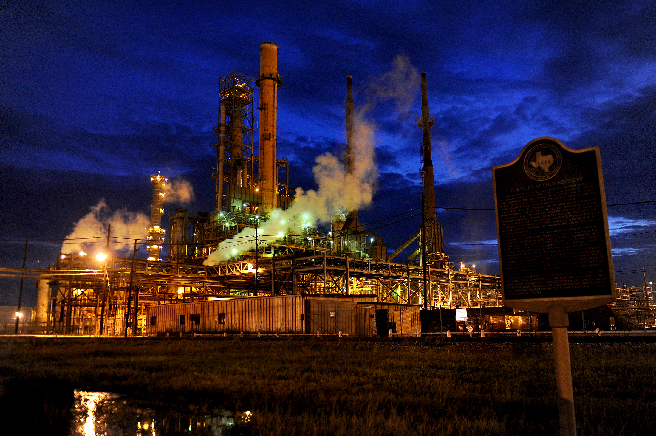 A refinery at night.