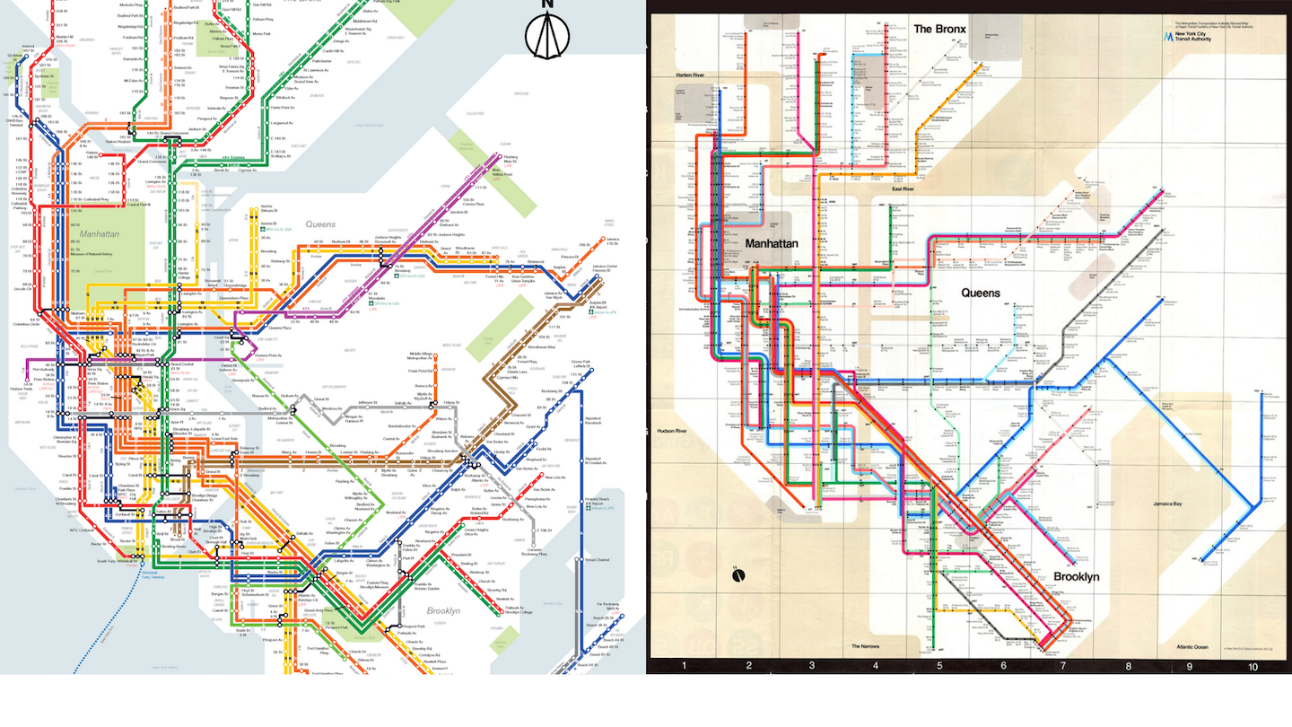 Two New York City Subway Maps. Jake Berman's is on the left, and the Vignelli Map is on the right.