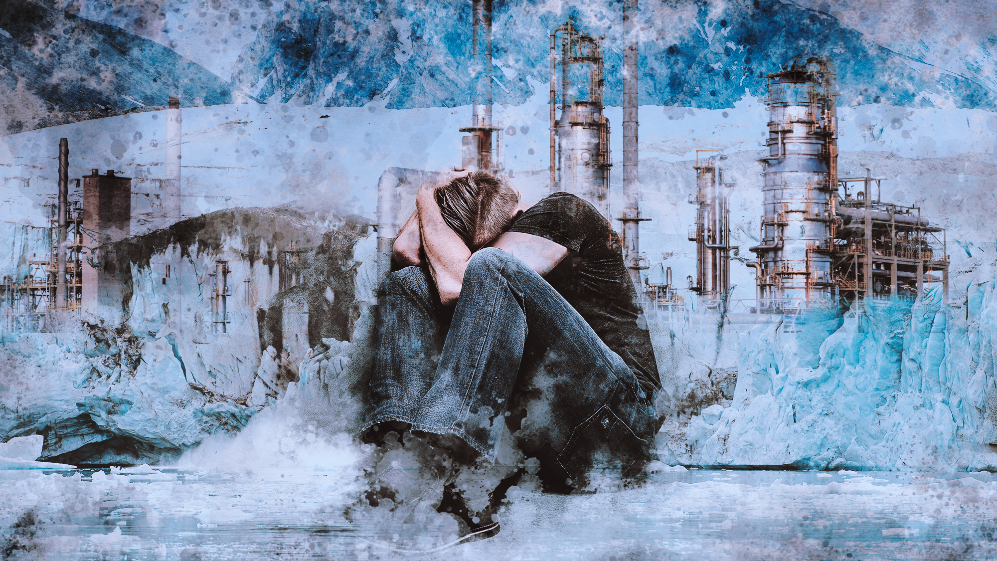 Ein Mann hält sich aus Angst die Hände über dem Kopf zusammen, im Hintergrund Industrietürme