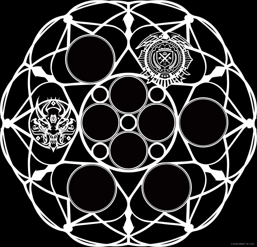 a complex web with motif with what seems like space for 6 large circular logos. Two of those are filled in, one with what seems like the face of a demon, and the other with the logo of the Gotham PD.