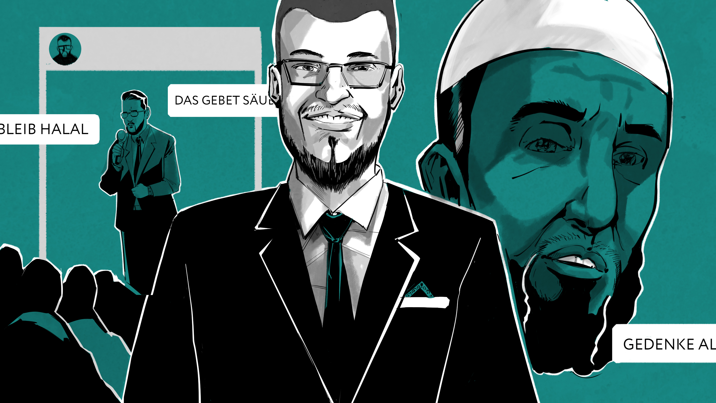 Illustration: Ein Mann in Anzug und Brille, ein Mann mit Bart und Kopfbedeckung, ein Instagram-Bildschirm
