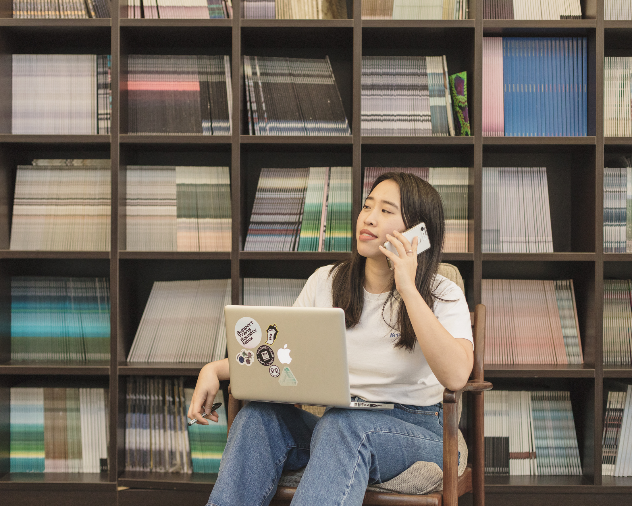 Woman on phone in VICE office