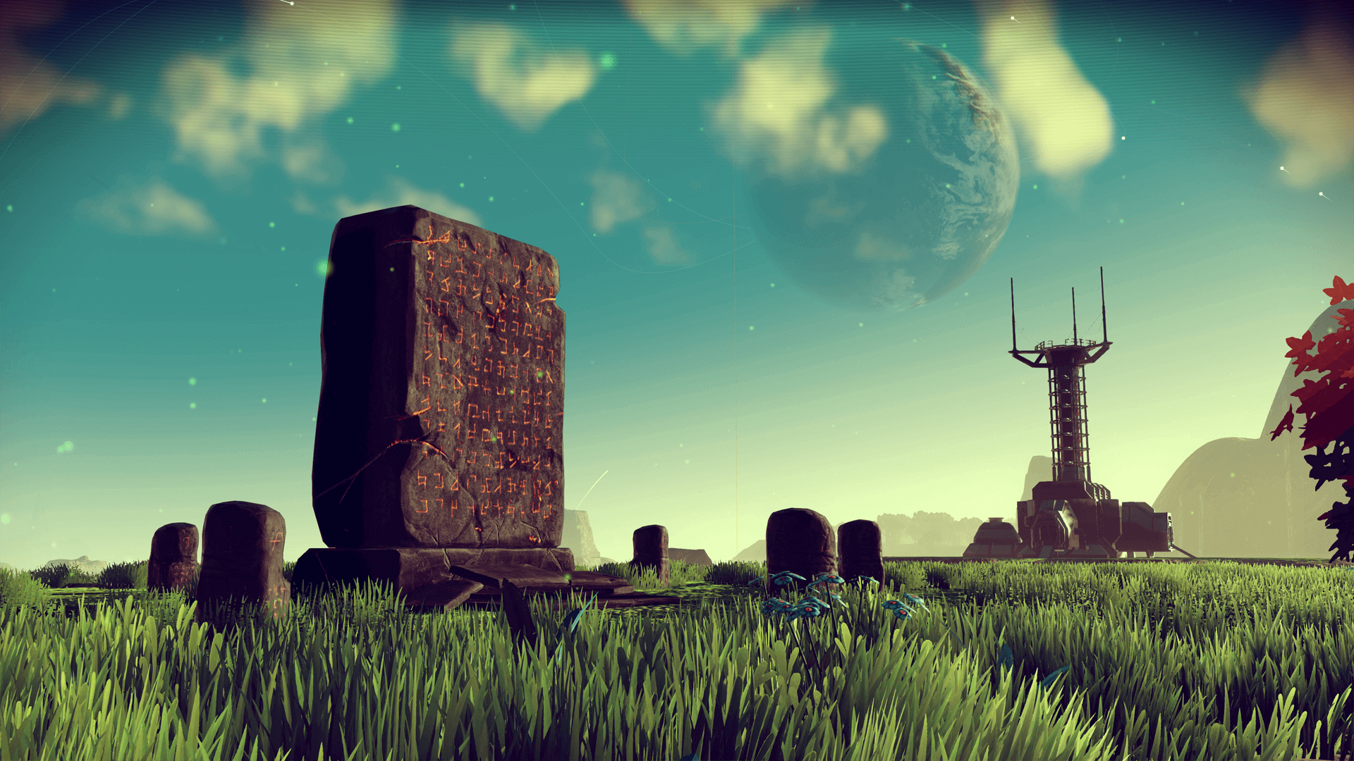 An image of an alien planet with an monolith covered in runes.