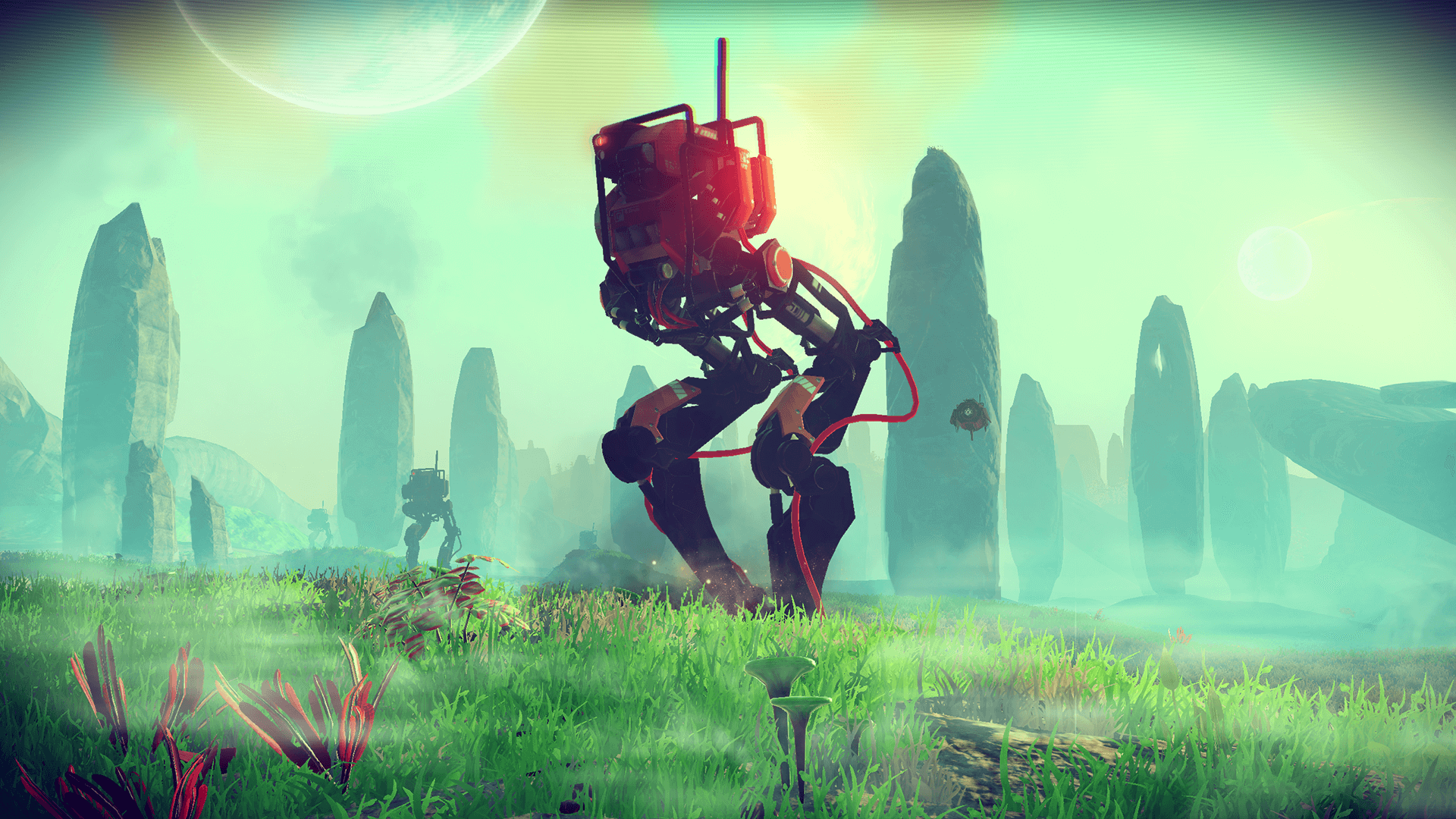 An image of an alien planet with a large, bipedal robot.