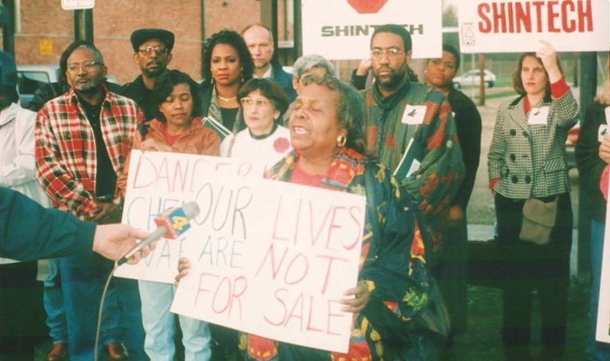 Robert Bullard, Beverly Wright, and Damu Smith (middle row) protest against the Shintech chemical plant in St. James Parish in 1997. Photo courtesy of Beverly Wright