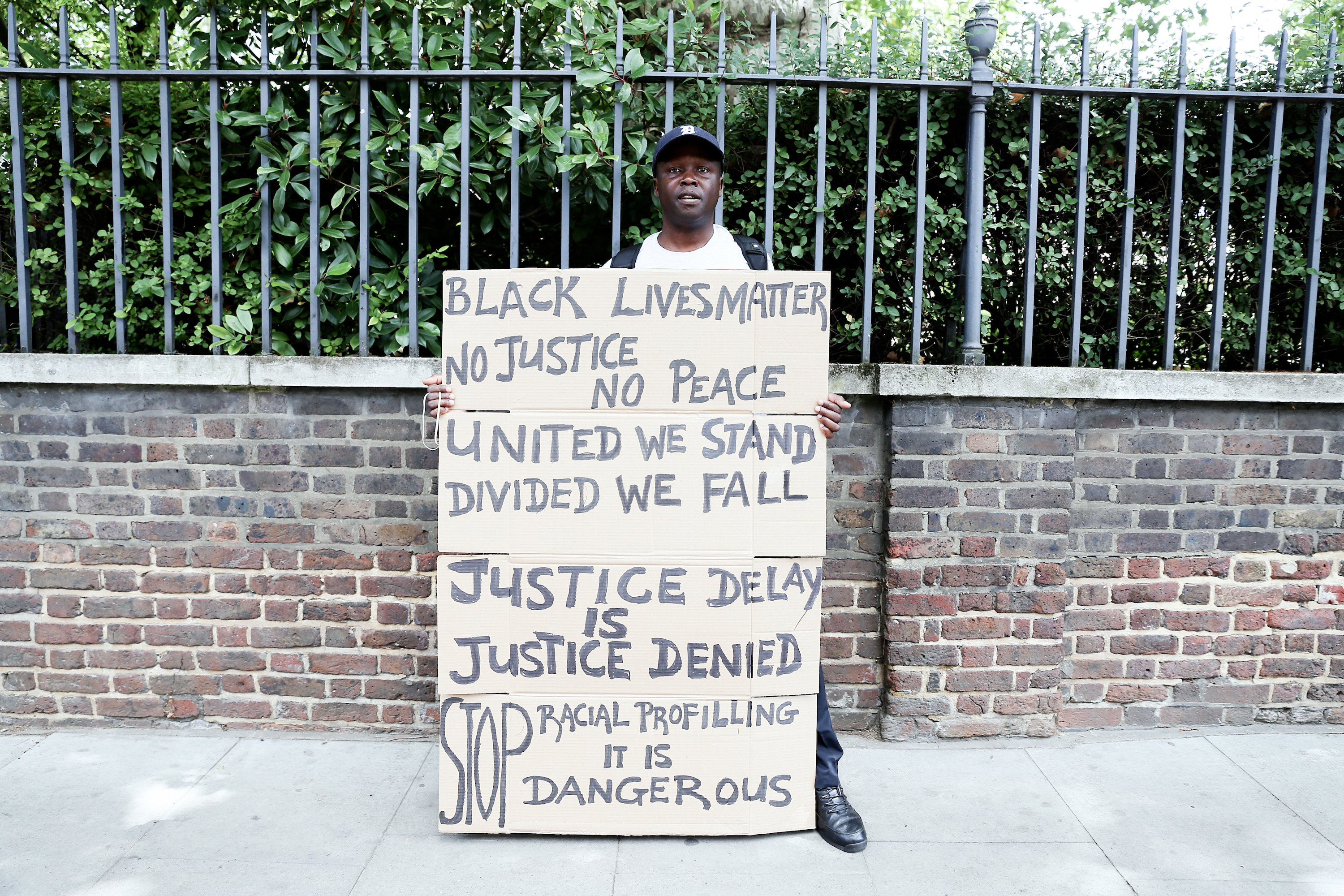 Dexter Leander at the protest against the Robert Geffrye statue at Museum of the Home in London