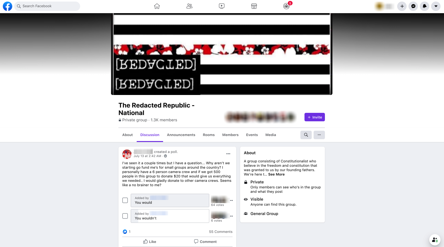 Screenshot of Boogaloo Facebook group provided by Tech Transparency Project