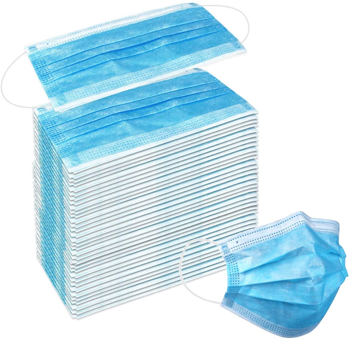 stack of blue disposable surgical masks