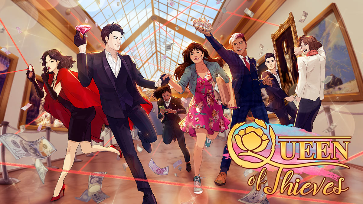 Promo art from Queen of Thieves, showing a group of stylish young people running through a museum.