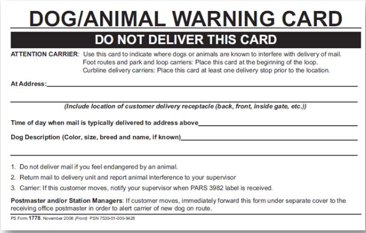 Dog slash animal warning card from USPS