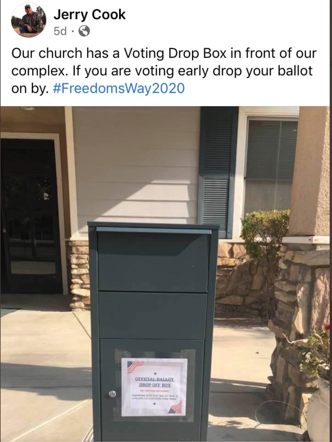 A fake ballot box outside the Freedom’s Way Baptist Church in Castaic, California in an image promoted on Facebook by Pastor Jerry Cook.