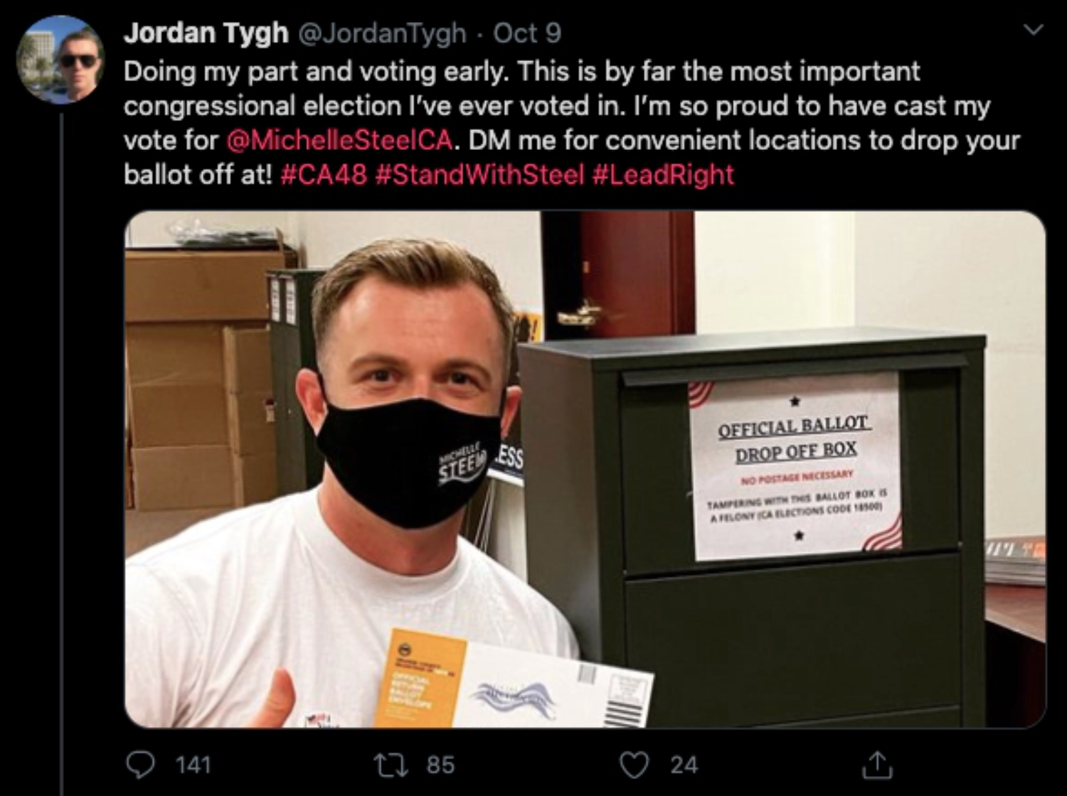 GOP field director Jordan Tygh kneeling in front of a fake ballot box in an image posted to Twitter.
