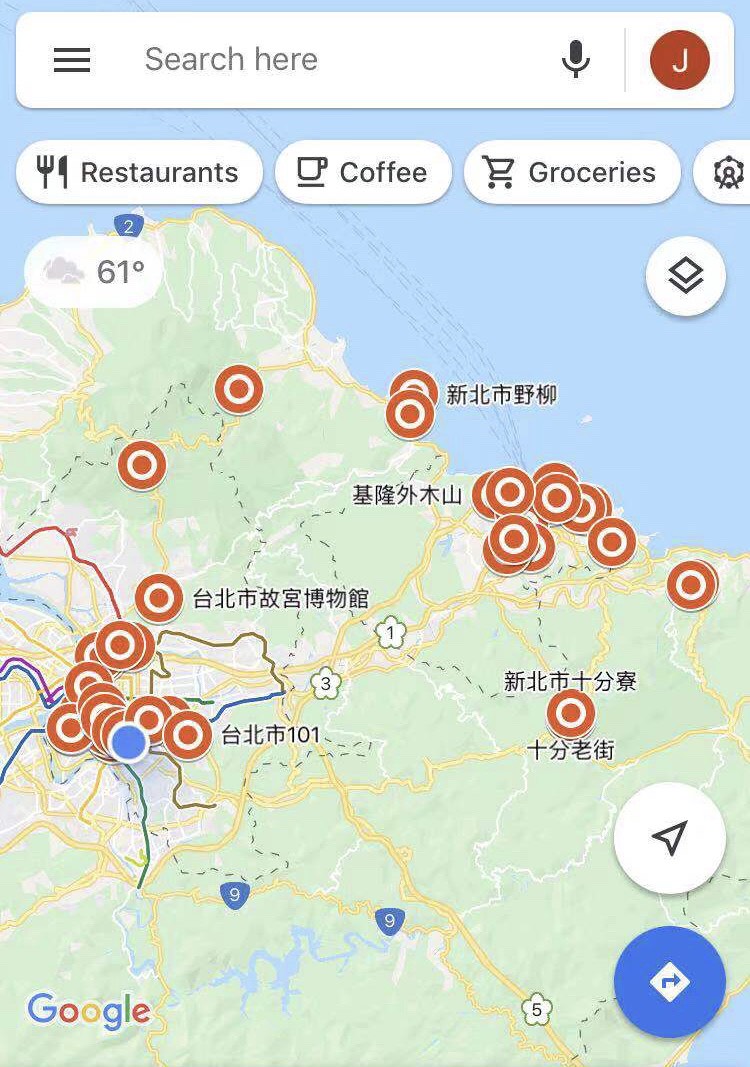 Tangkapan layar peta Taipei yang menunjukkan lokasi mana saja yang pernah didatangi penumpang kapal pesiar Diamond Princess. Gambar oleh Adam Hopkins.