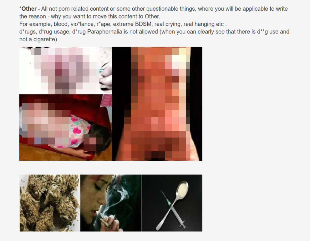 Der von uns verpixelte Screenshot zeigt Fotos, die auf xHamster nicht erlaubte Darstellungen von Gewalt und Drogen abbilden 