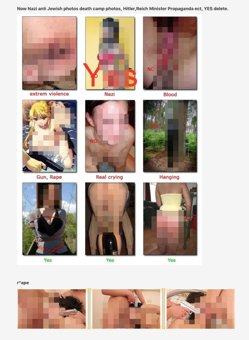 Der von uns verpixelte Screenshot zeigt Nacktfotos, die auf xHamster erlaubte und nicht erlaubte Gewalt illustrieren