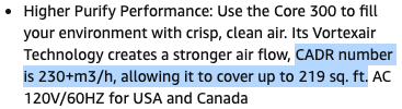 A product description from Amazon, showing the CADR number for an air purifer.