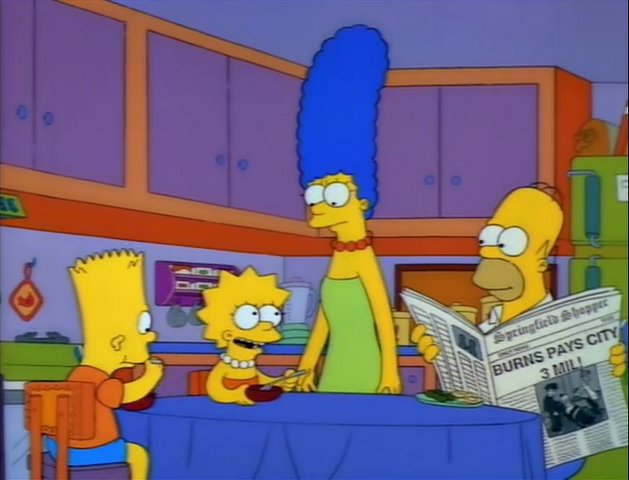 Die Familie Simpsons am Küchentisch, Lisa und Bart frühstücken, Homer liest Zeitung, Marge steht