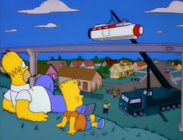 Homer und Bart sitzen auf einem Hügel und schauen zu, wie die Einschienenbahn gebaut wird