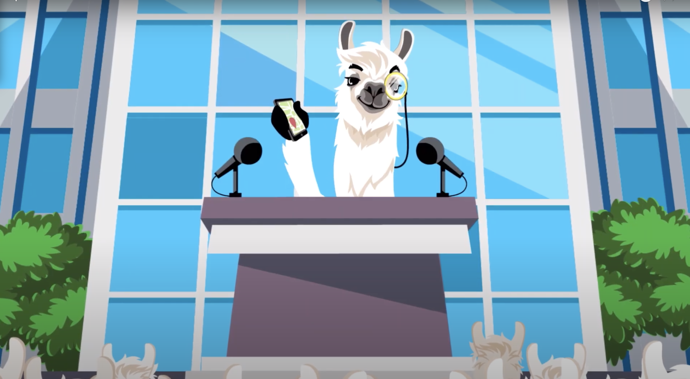 A cartoon llama wearing a monocle stands at a podium in the trailer for Upland.