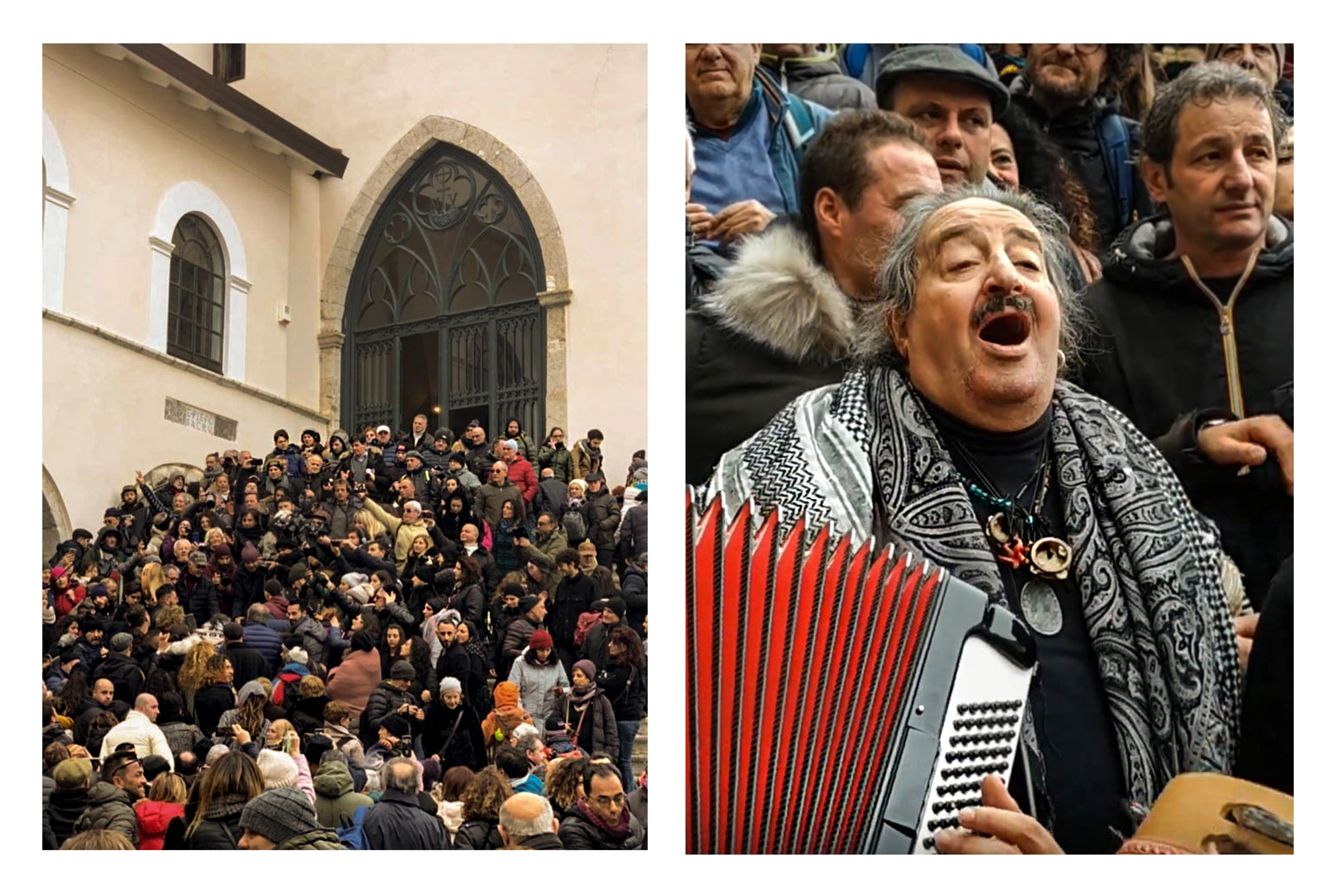 Sulla sinistra, le scale che la Tarantina racconta venissero percorse in ginocchio. Sulla destra, Marcello Colasurdo.