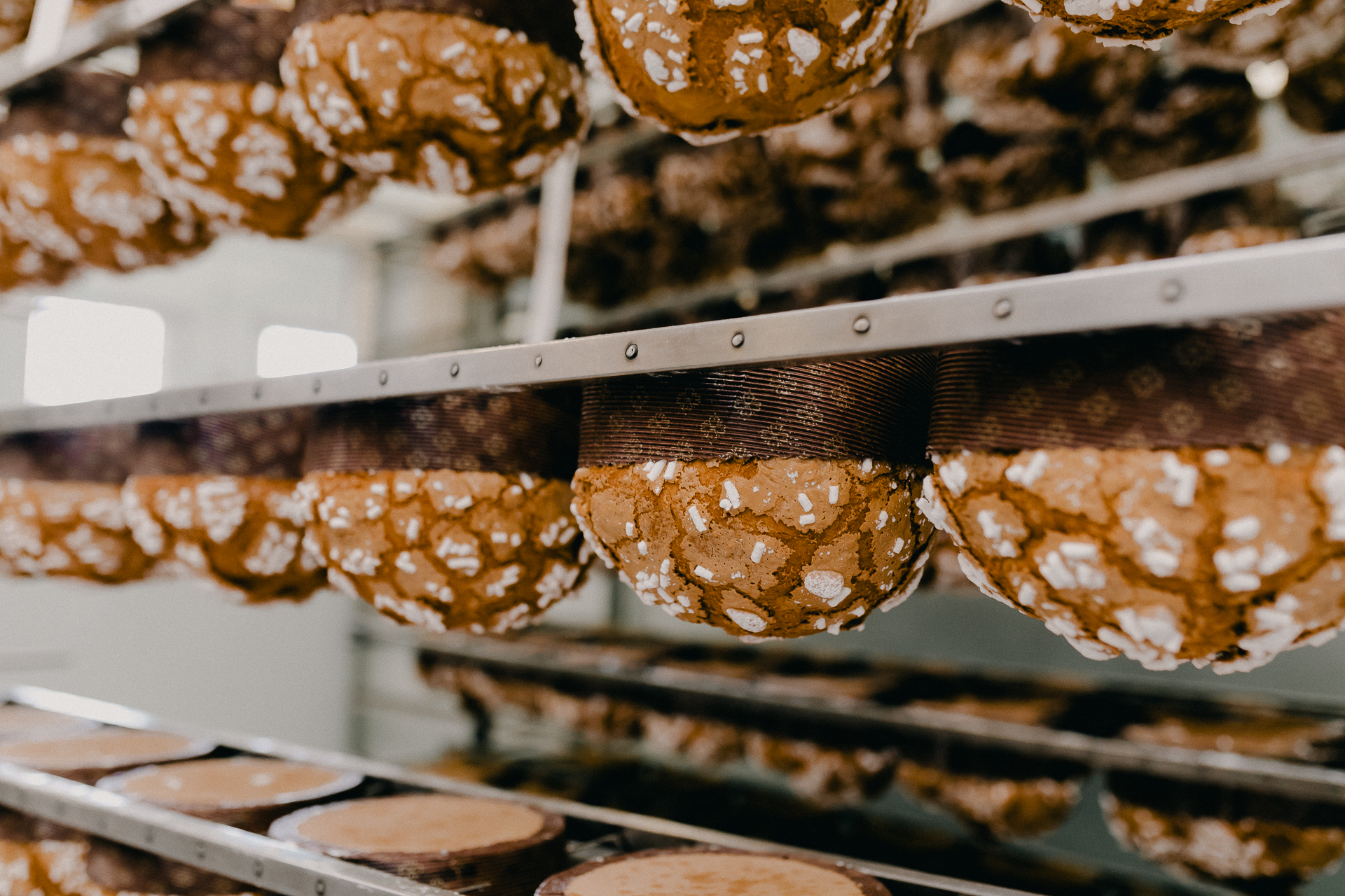Giotto Bakery – Rows of bakes resting upside down on industrial shelving.