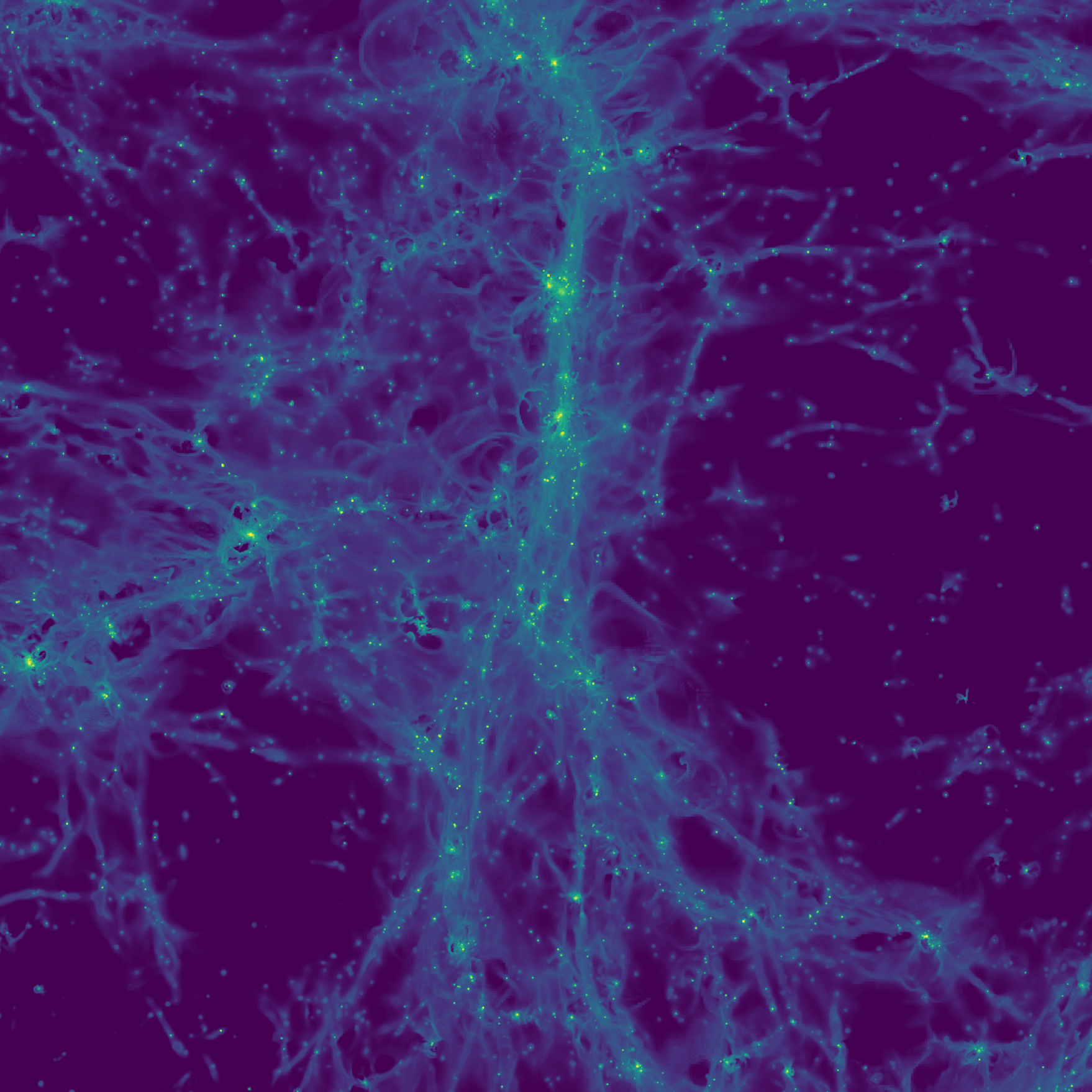 Simulasi gambar yang menampilkan filamen dan galaksi pembentuk bintang.
