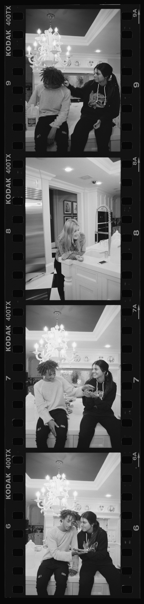 A film strip of photos of Jaden Smith and Kendall Jenner sitting in a kitchen.