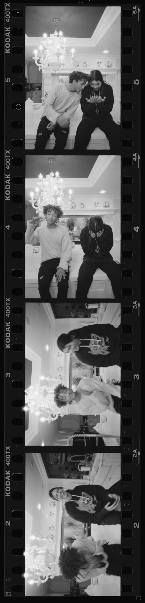 A film strip of photos of Jaden Smith and Kendall Jenner sitting in a kitchen.