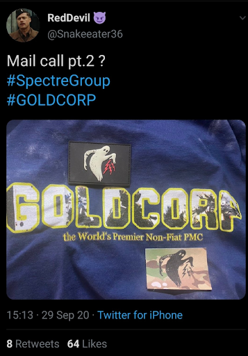  In September 2020, Twitter user Snakeeater36 posted about his new GOLDCORP T-shirt