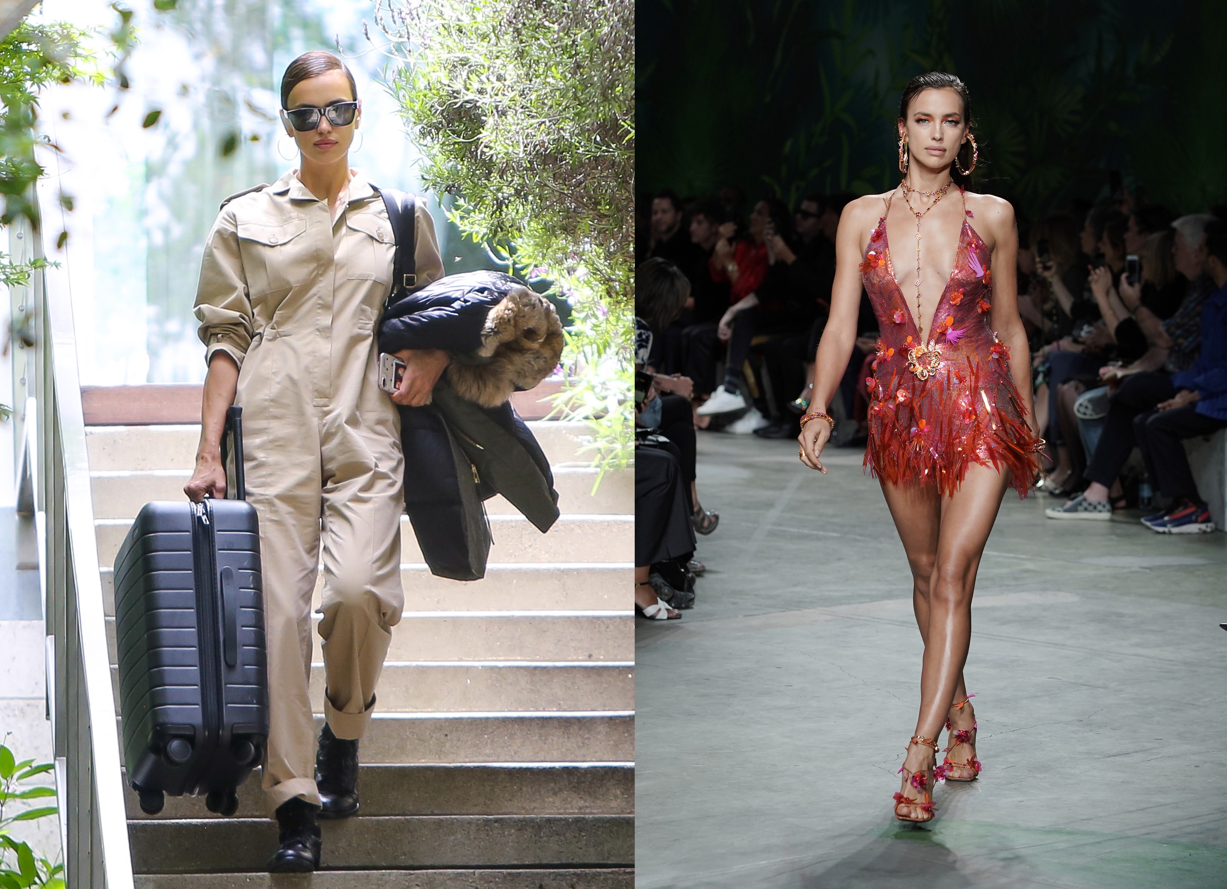 Irina Shayk leaving home, before walking in Versace's SS21 show. Images via Getty Images (BG004/Bauer-Griffin and  Vittorio Zunino Celotto )