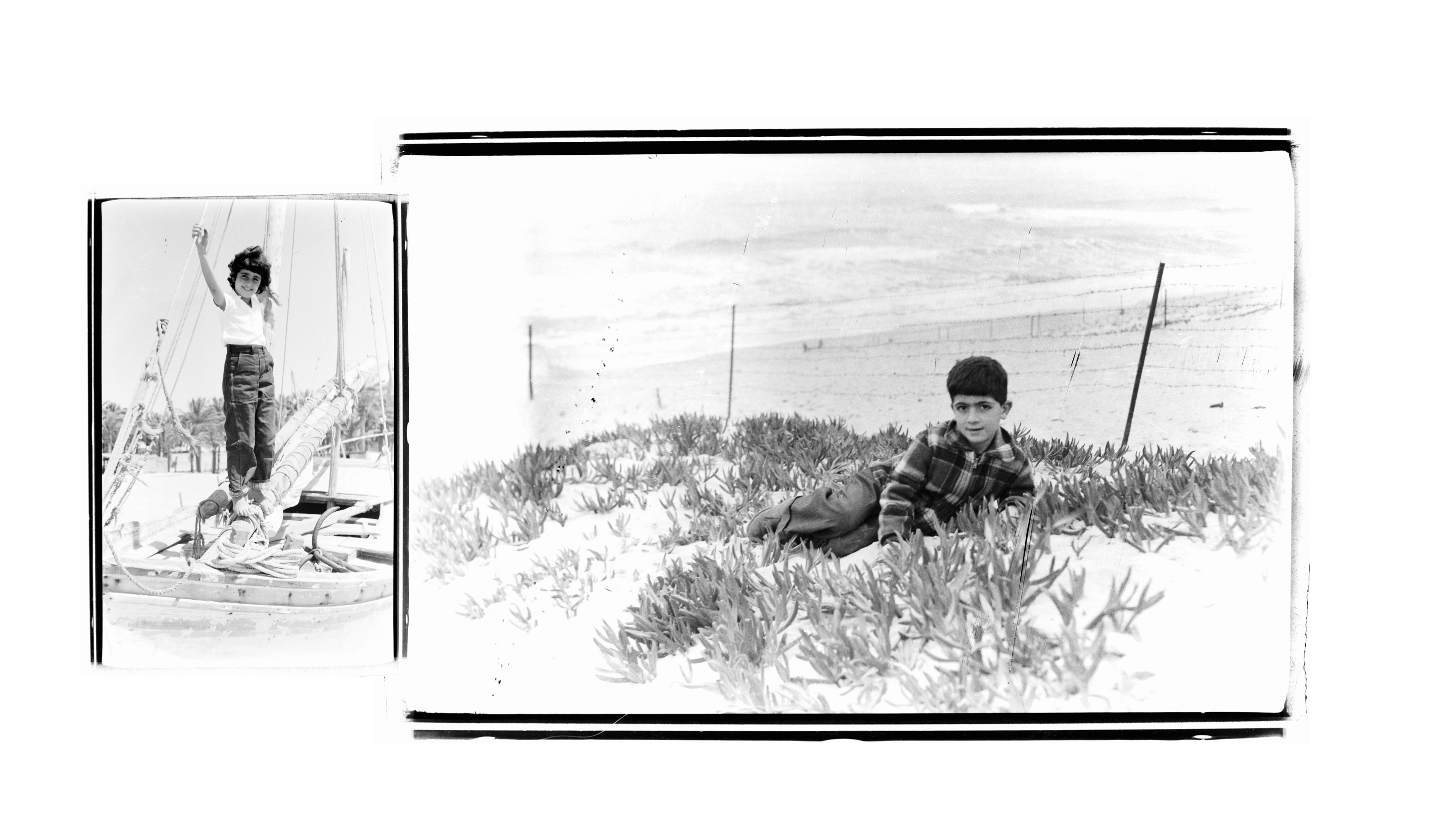 Kegham Djeghalian, Gaza photographer – Left: child posing in a boat. Right: child laying down on a sand dune at the beach.