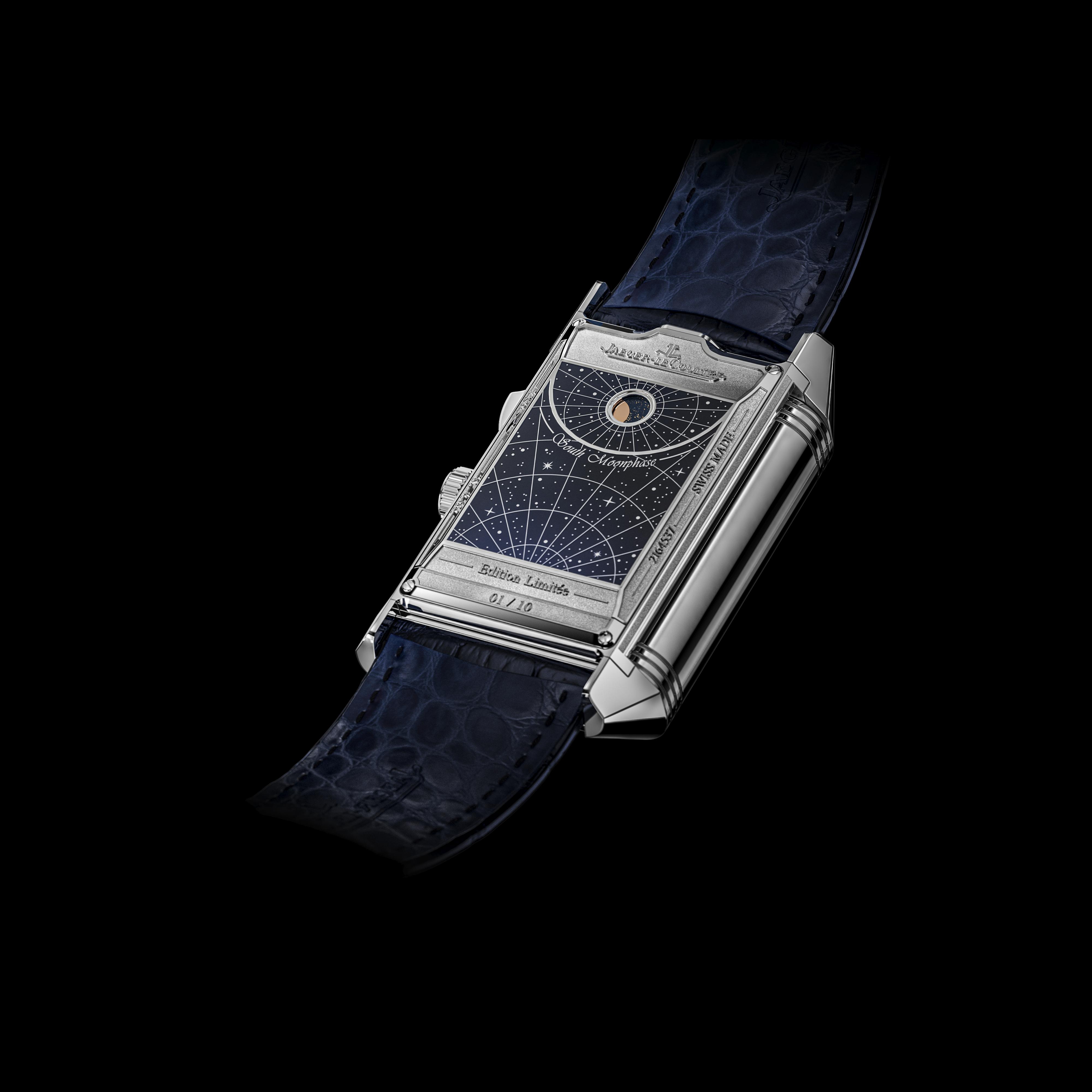 Image of the reverse moon phase face of Jaeger-LeCoultre's Reverso Hybris Mechanica Calibre 185 wristwatch