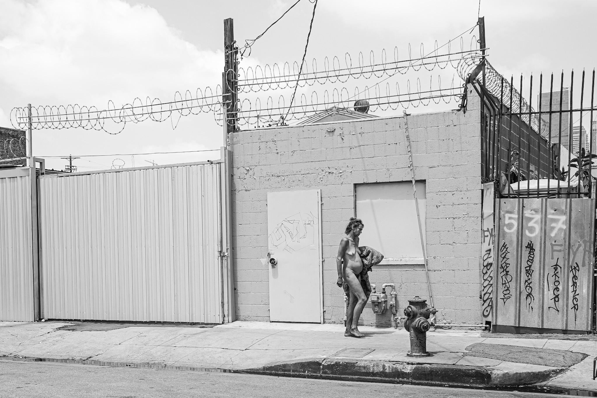 Donna nuda cammina a Skid Row di Los Angeles, foto di Suitcase Joe Foundation