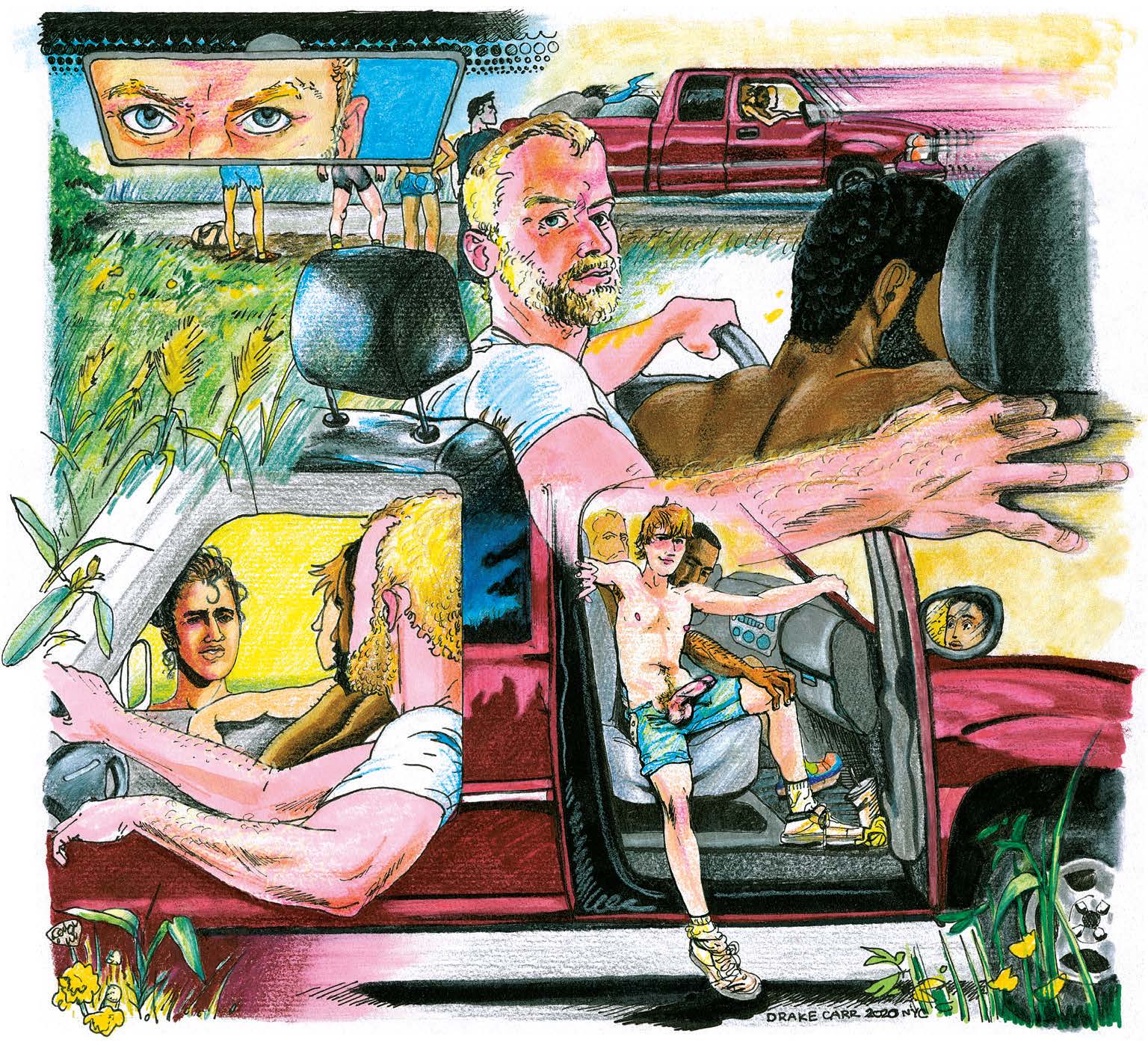 Illustration from 'Big Joe' by Samuel R. Delaney depicting a group of men in a pick-up up truck. One is exposing himself to group of bystanders.
