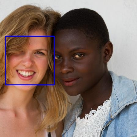 Two women standing next to each other smiling. The woman on the left, who is white has a blue box imposed around her face, while the Black woman on the right does not.