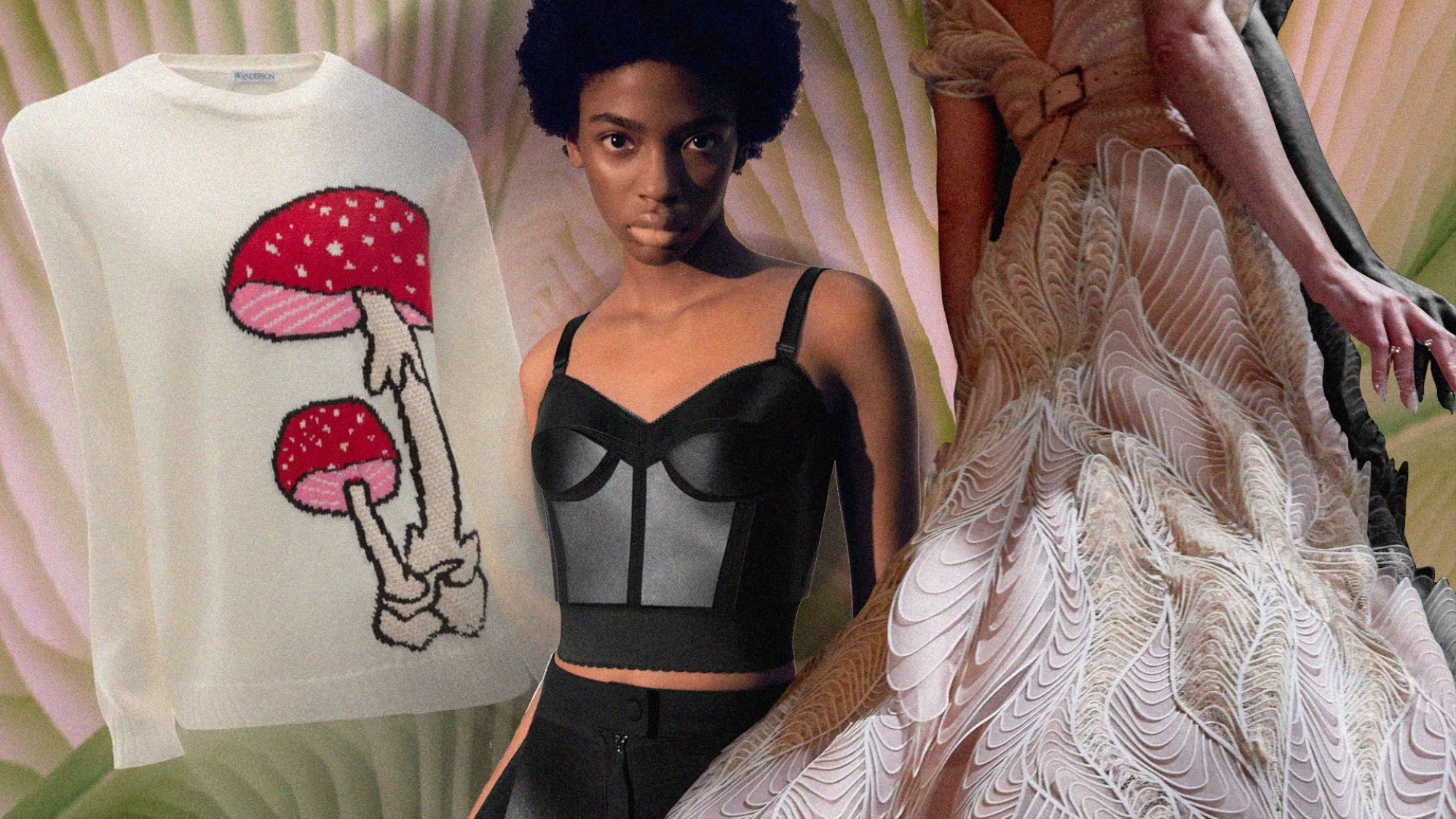 A collage featuring a JW Anderson mushroom jumper, a mushroom leather Stella McCartney bustier and an Iris van Herpen gown