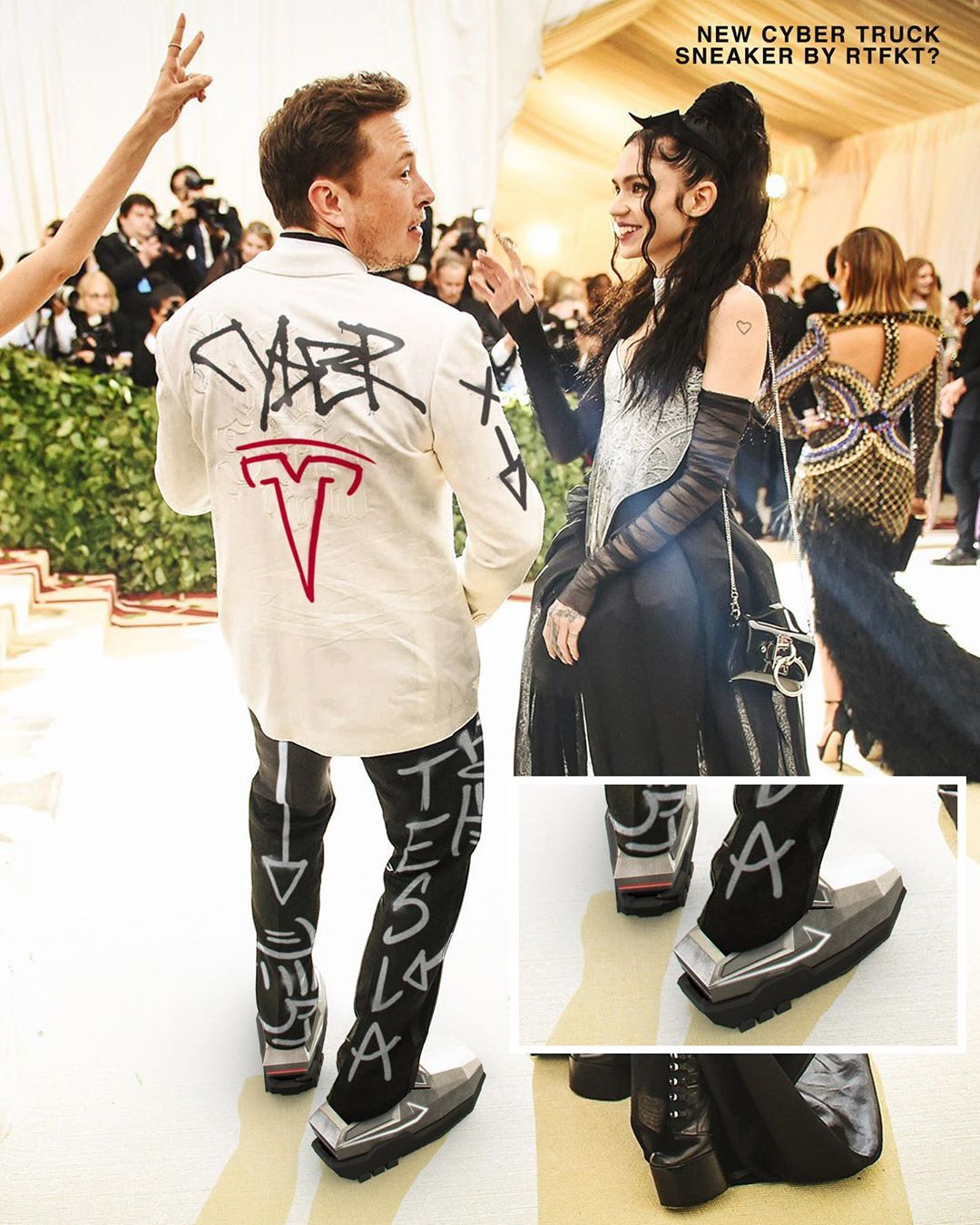Elon Musk sul red carpet di un evento che indossa delle scarpe RTFKT