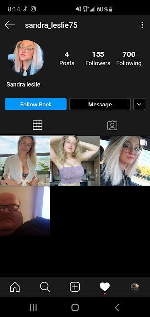 Screenshot eines Instagram-Accounts von User Sandra Leslie mit drei Fotos einer jungen blonden Frau und einem Foto von einem älteren Mann mit Glatze und Brille