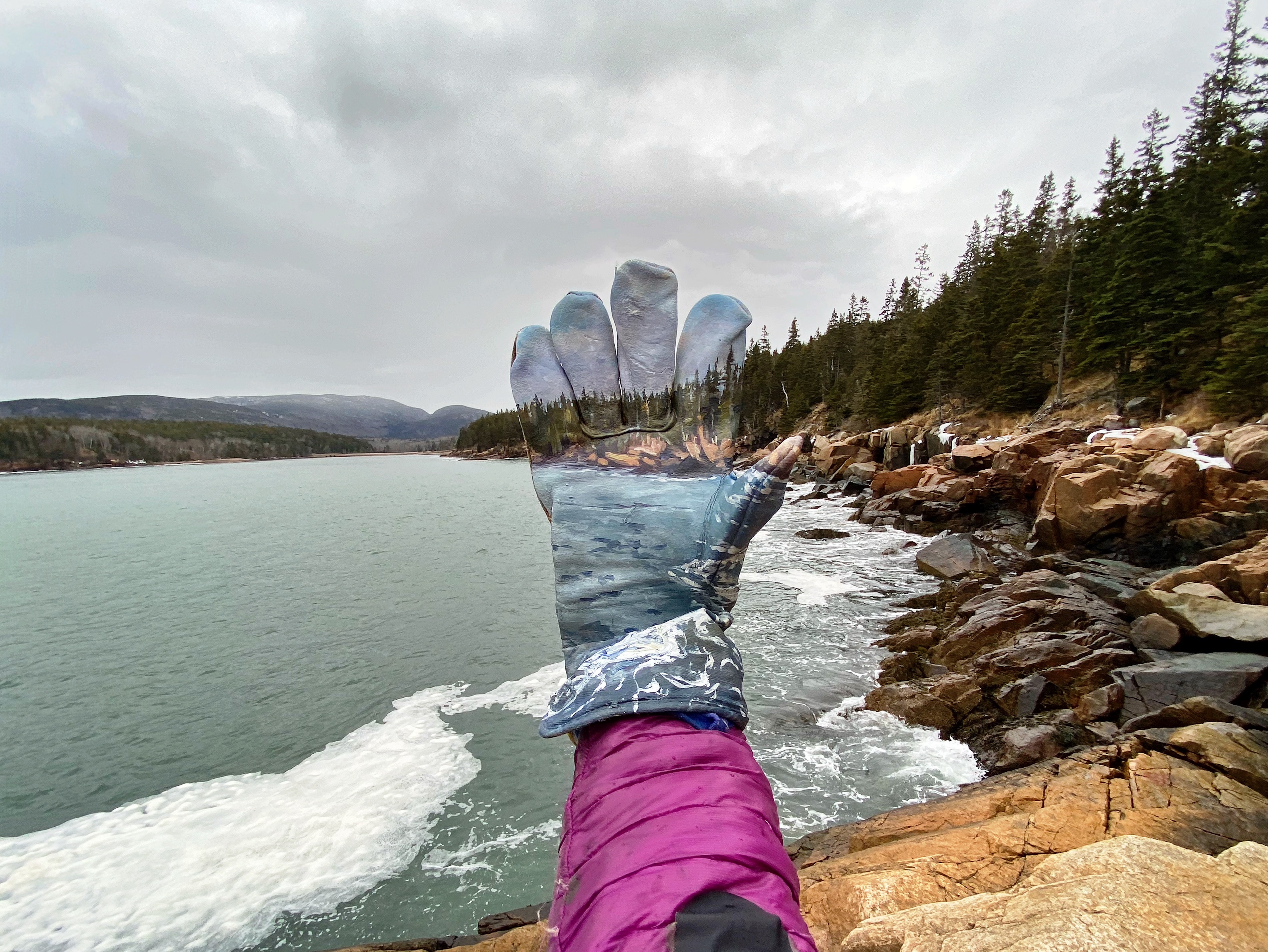 Lukisan pemandangan Taman Nasional Acadia, Maine pada sarung tangan bekas