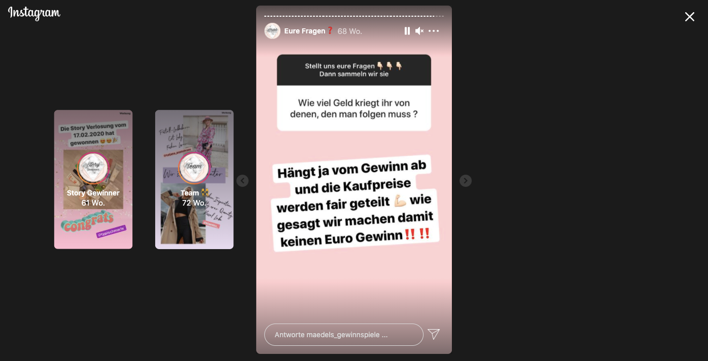 Ein Screenshot zeigt die Instagram-Story des Accounts maedels-Gewinnspiele