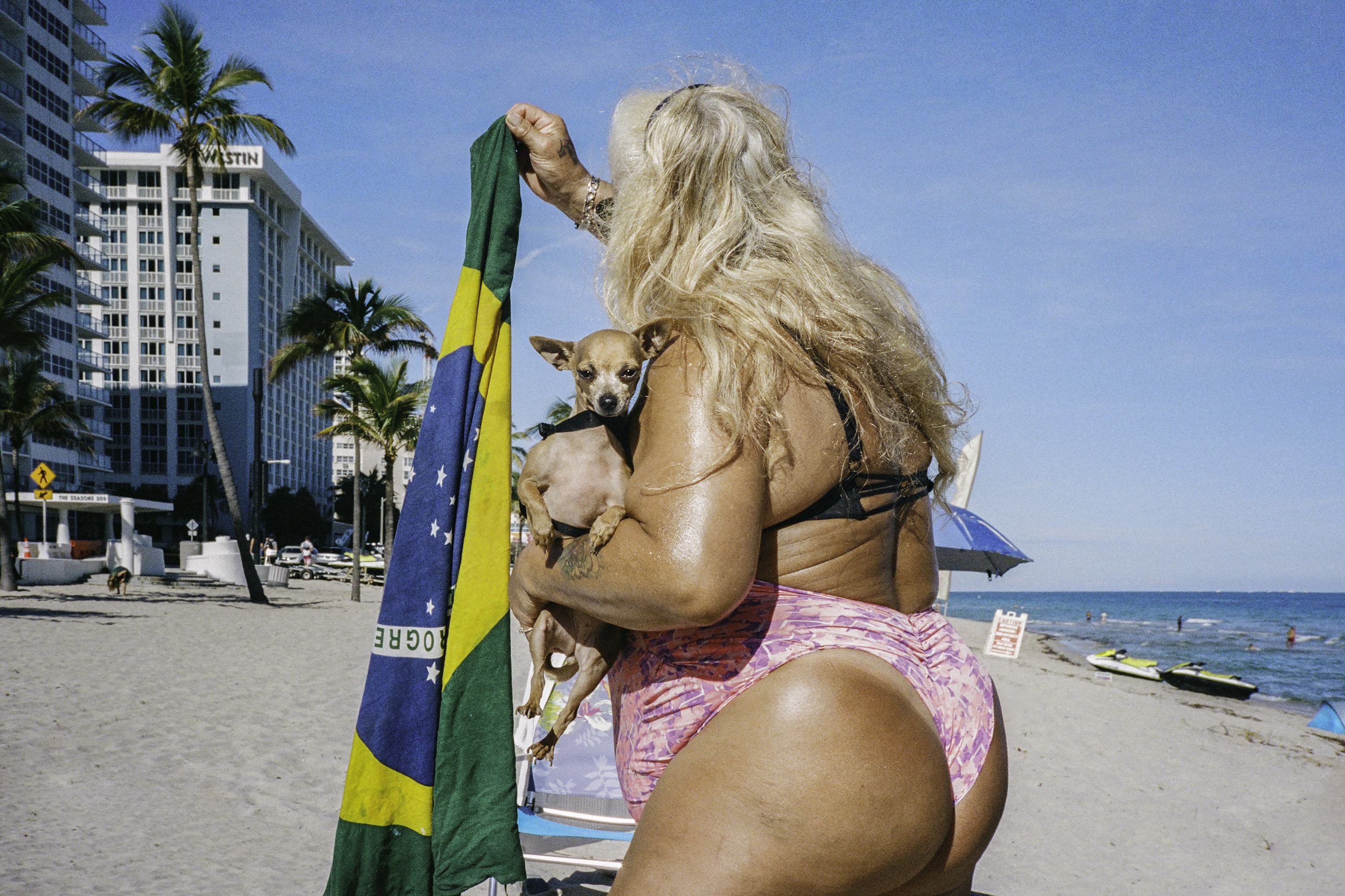 a tanned woman in a bathing suit holding a chihuahua and a flag on the beach, taken from behind