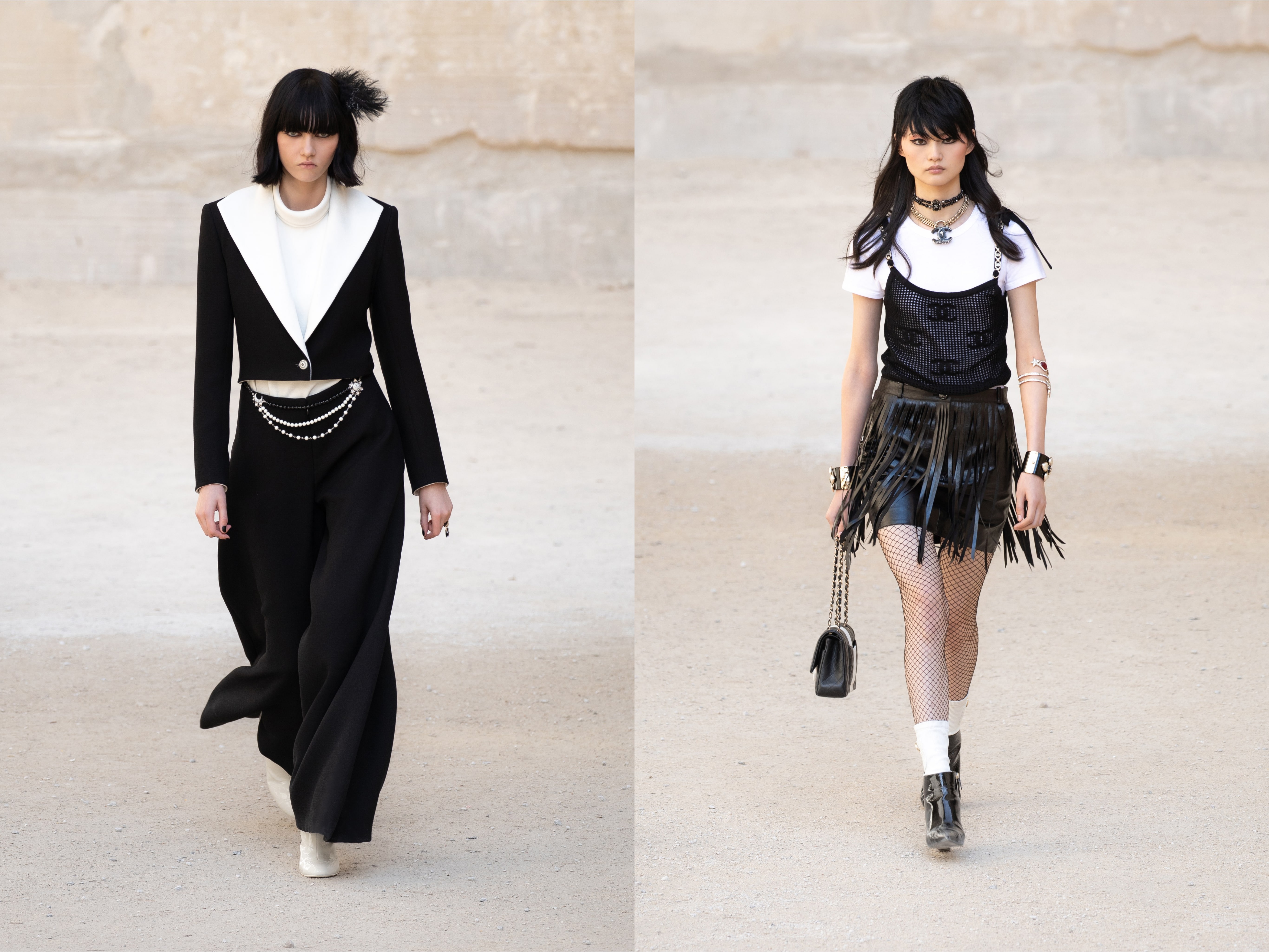 two models walk the runway in black and white punk-inspired Chanel cruise looks