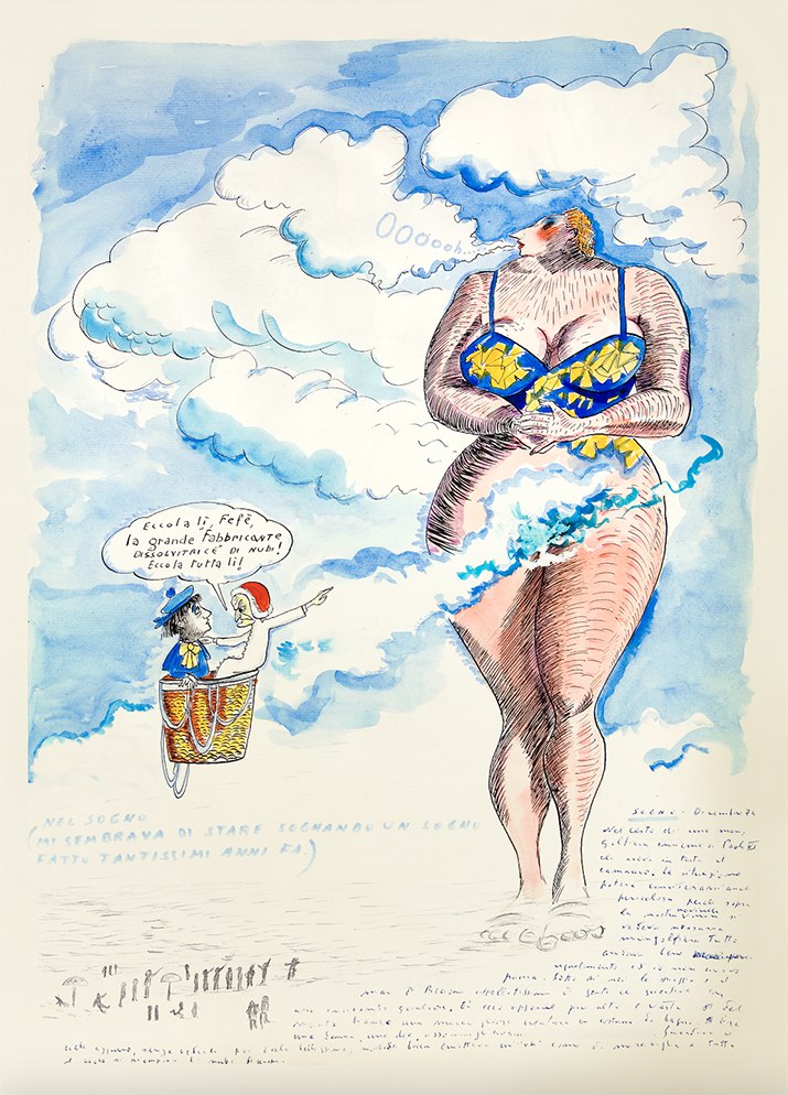 illustrazione di donna gigante in costume con mongolfiera di Federico Fellini, Rizzoli